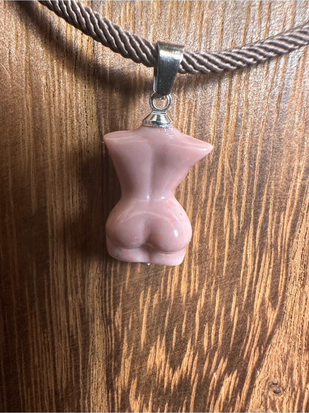 Mini Light Pink Alashan Agate Lady Body Carving Pendant Necklace on Brown Rope - Picture 12 of 16